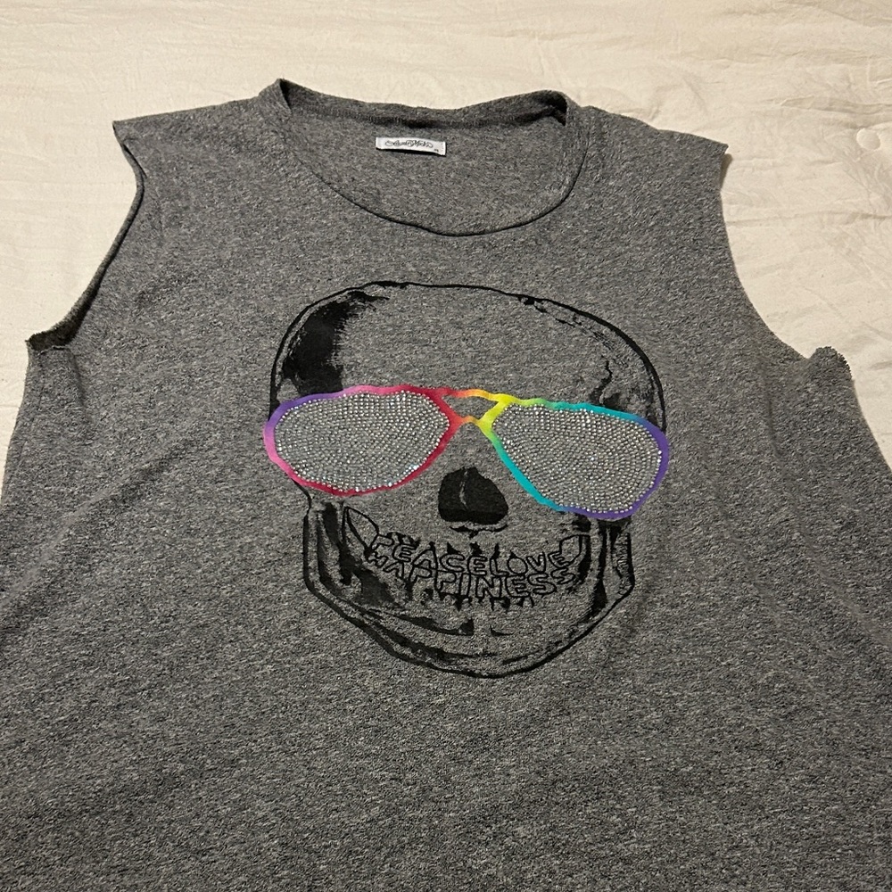 Lauren Moshi Gray Kel Tank Top with Rainbow Skull Design with Crystsls